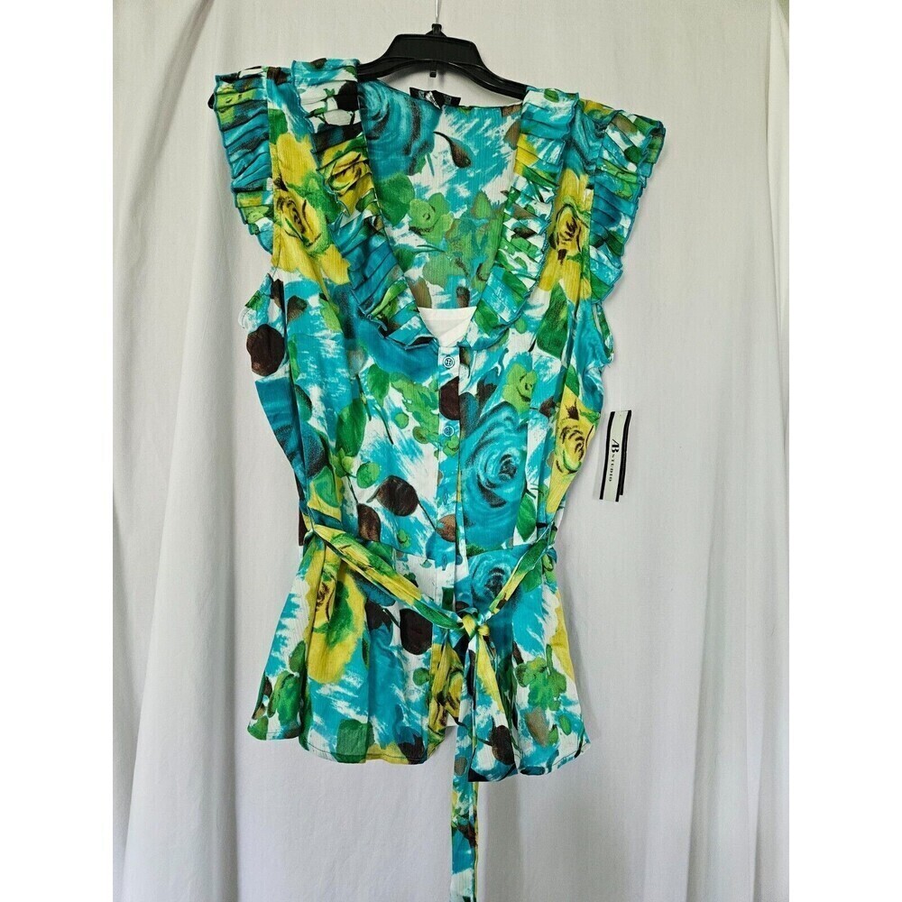 AB Studio Women's Size L Sleeveless Blouse With Ruffles & 6 Buttons Down Front